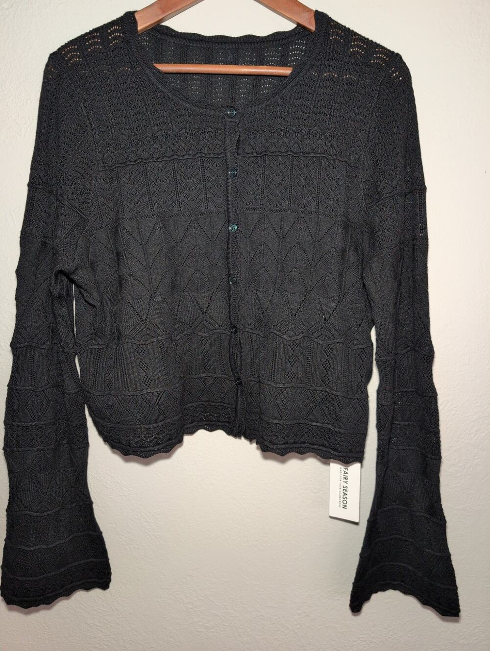 NEW Women's Black Cardigan L Bell Sleeves Whimsigoth Dark Romantic Grunge Fairy